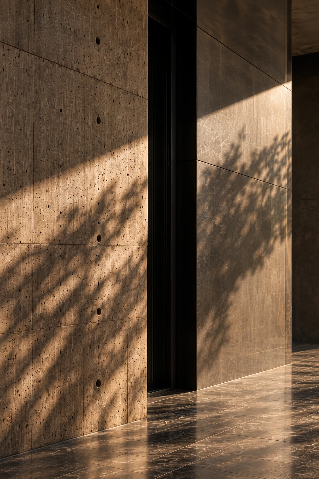 Luz de tarde entrando de costado sobre un muro de hormigón y un paño de piedra, con la sombra del follaje dibujada encima.