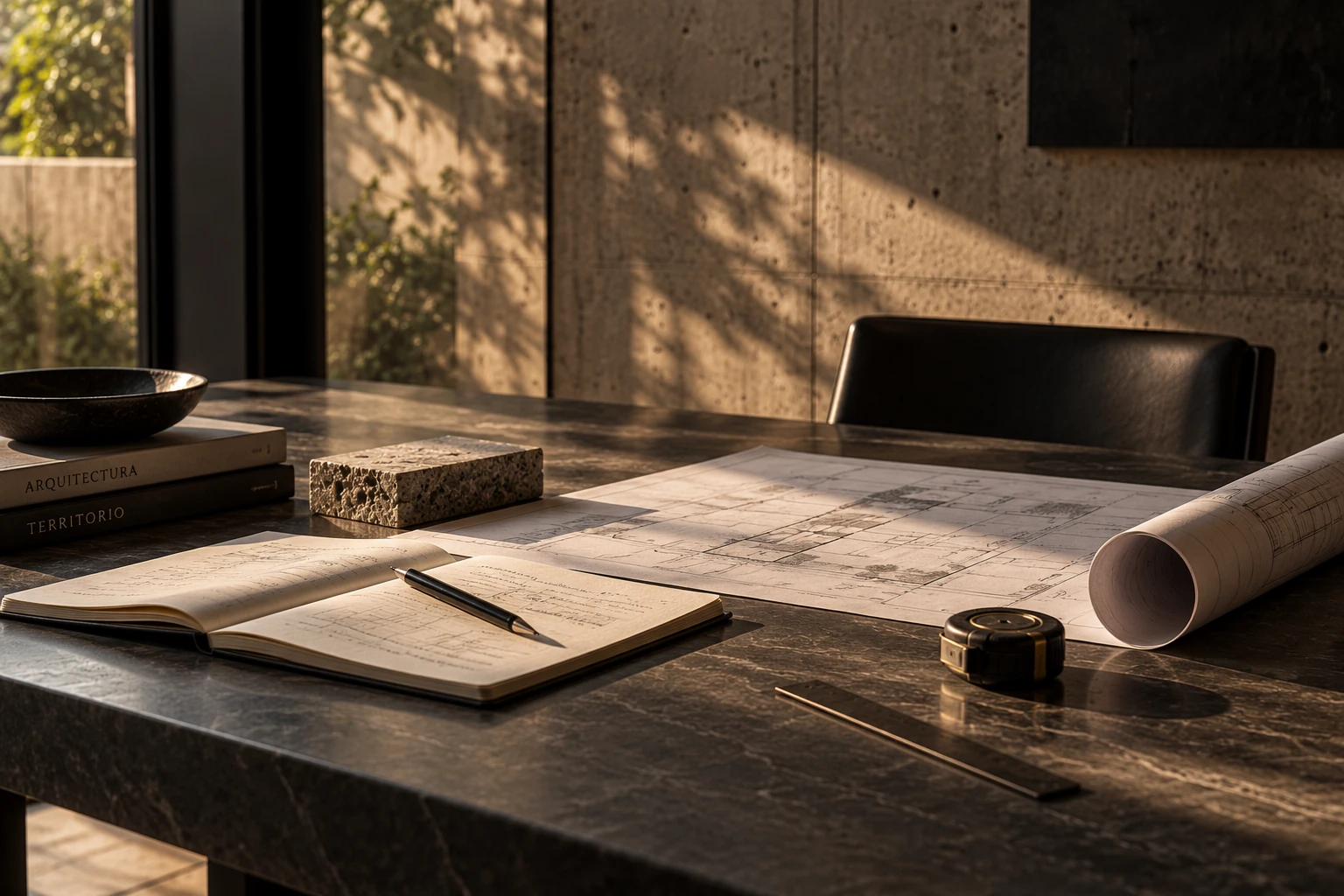 Una mesa de trabajo al atardecer: planos desplegados, un cuaderno abierto con anotaciones, una cinta métrica, una regla y una muestra de piedra.