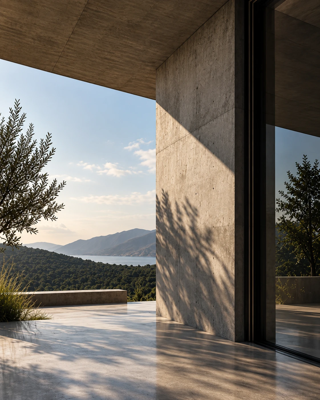 Una galería de hormigón abierta al paisaje: el intradós en sombra, un muro encendido por el sol de la tarde con la sombra de un olivo encima, y al fondo el monte bajando hacia el agua.