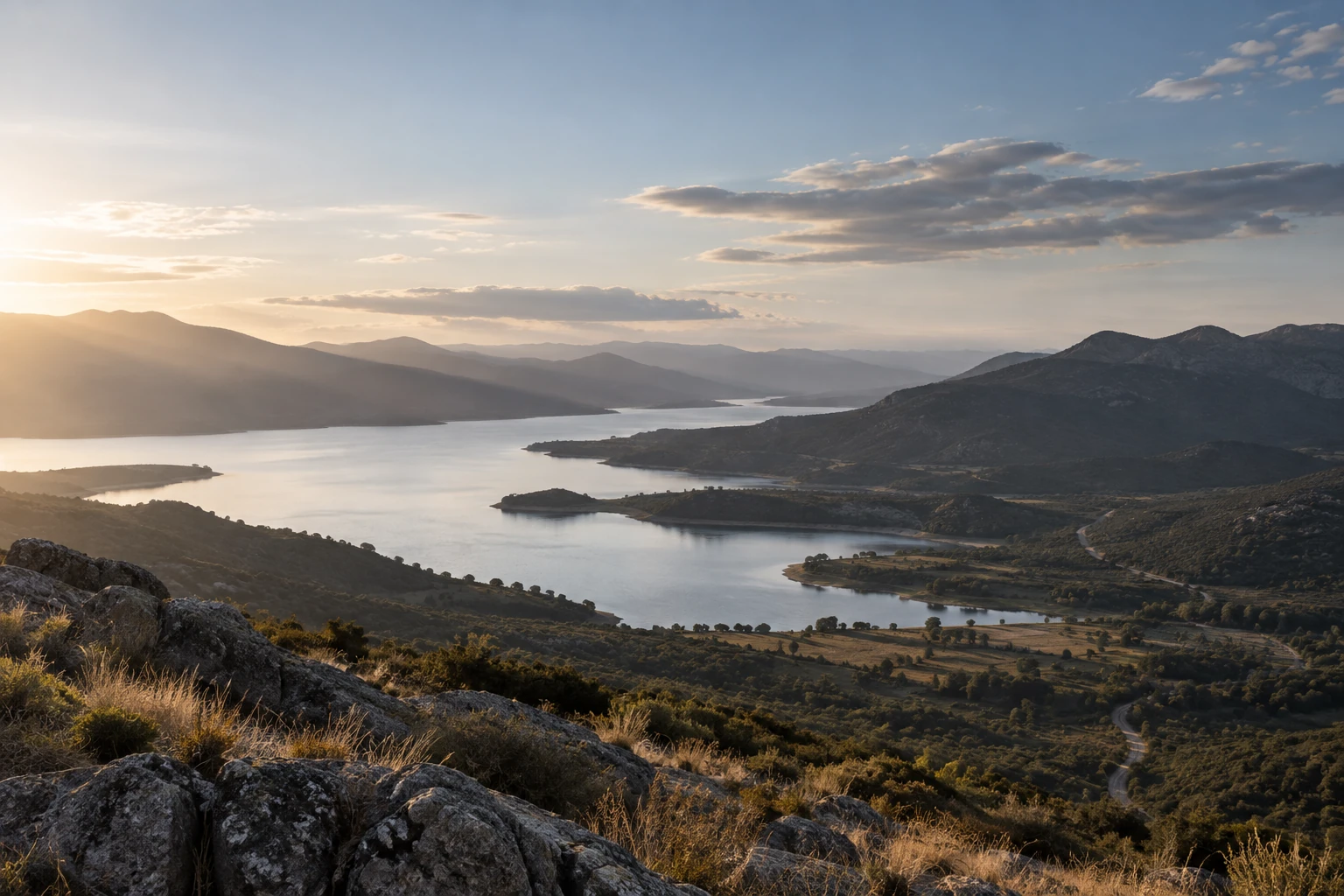 Un valle visto desde lo alto al caer la tarde: un brazo de agua entre lomas, encinas dispersas, un camino que se pierde, y en primer plano la roca y el pasto seco de la ladera.