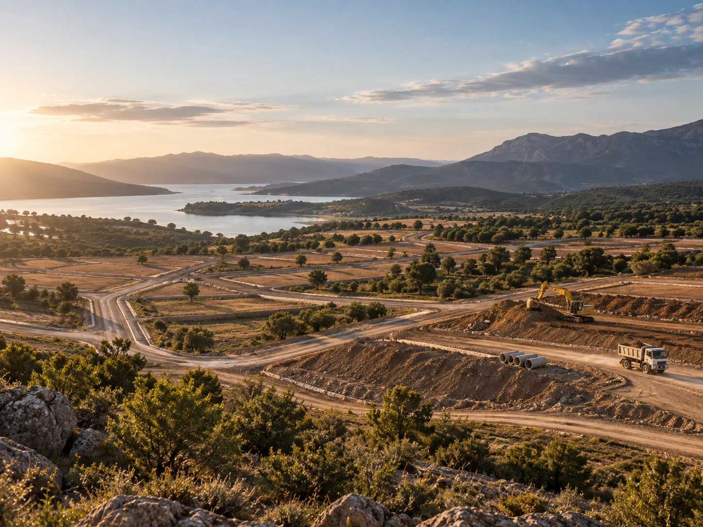 Un valle a contraluz al final de la tarde: al fondo el agua entre sierras, y ocupando casi todo el cuadro una urbanizacion recien trazada sobre el llano —calles curvas con cordon, lotes ya marcados, olivos que quedaron en pie— con una excavadora, un camion y cano de desague apilado en el movimiento de suelo de la derecha.